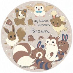  :< ? animal_focus bird border brown_background brown_eyes brown_fur brown_theme buneary commentary_request diglett eevee feathers fluffy full_body furret highres looking_at_another looking_at_viewer neck_fur no_humans owl pokemon pokemon_(creature) pokemon_focus rabbit rowlet sentret simple_background standing t_art_000 teddiursa white_border yellow_feathers yellow_fur 