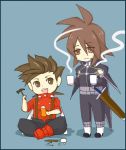  brown_hair chibi father_and_son hammer kratos_aurion lloyd_irving male mug short_hair simple_background sword tales_of_symphonia 