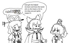  3girls cape closed_mouth collared_vest commentary earmuffs english_commentary english_text fallenchungus_(style) frown greyscale hair_ornament hair_rings hair_stick hat japanese_clothes kaku_seiga kariginu looking_at_another microsoft_paint_(medium) monochrome mononobe_no_futo multiple_girls open_clothes open_mouth open_vest parody pointy_hair pom_pom_(clothes) ribbon-trimmed_sleeves ribbon_trim shirt short_hair short_sleeves sketch sleeveless sleeveless_shirt smile style_parody tate_eboshi tinpot64 touhou toyosatomimi_no_miko upper_body vest worried 