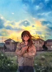  1girl aose_kiiro blue_sky blush bouquet brown_cardigan brown_eyes brown_hair cardigan closed_mouth clouds cloudy_sky commentary_request cowboy_shot evening falling_petals field floating_hair grass grey_sailor_collar highres holding holding_bouquet house long_hair long_sleeves looking_at_viewer neckerchief original outdoors petals power_lines red_neckerchief sailor_collar school_uniform serafuku signature sky sleeves_past_wrists solo standing straight-on urban utility_pole white_lily white_petals 