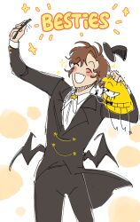  alcor_the_dreambender alcorian-wizard bill_cipher black_jacket black_suit black_tailcoat blush brown_hair closed_eyes collared_shirt curtained_hair english_text fang feet_out_of_frame grin hand_up hat highres holding holding_phone jacket lapel_chain low_wings mini_hat mini_top_hat phone shirt skin_fang smile suit suit_jacket taking_picture top_hat transcendence_au_(gravity_falls) white_shirt wings 