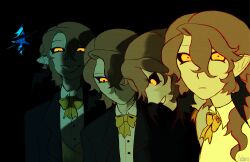  1boy alcor_the_dreambender black_jacket black_sclera bow bowtie brown_hair collared_shirt colored_lineart colored_sclera constricted_pupils crazy_grin crazy_smile curtained_hair fezharez grin hair_between_eyes highres jacket looking_at_viewer male_focus multiple_expressions multiple_views shirt smile suit_jacket transcendence_au_(gravity_falls) upper_body white_shirt yellow_eyes 