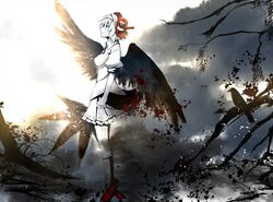  black_hair crow eho_(icbm) geta hat highres kaiho mask shameimaru_aya short_hair solo spot_color tengu-geta tengu_mask tokin_hat touhou wings 