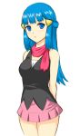  arms_behind_back bad_id bare_shoulders blue_eyes blue_hair chikage36 hikari_(pokemon) long_hair looking_at_viewer no_hat pokemon scarf simple_background skirt solo white_background 