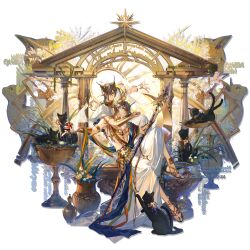  2boys absurdres ancient_greek_clothes animal_ears architecture arknights armlet black_cat brown_hair cat cat_boy cat_ears chalice chiton closed_mouth crescent crescent_necklace cup dagger dual_persona earrings flower game_asset gold_armlet gold_bracer gold_collar gold_sandals grape_vine greco-roman_architecture greco-roman_clothes hair_between_eyes hair_flower hair_ornament hair_over_one_eye highres himation holding holding_cup holding_dagger holding_knife holding_staff holding_weapon jewelry knife leaf leaf_hair_ornament looking_at_viewer material_growth miss.christine_(arknights) multiple_boys multiple_tails necklace official_alternate_costume official_art one_eye_covered oripathy_lesion_(arknights) pectorals phantom_(arknights) pillar pinecone pink_flower pointing_melee_weapon sandals sitting skade slit_pupils staff tachi-e tail third-party_source toned toned_male tragodia_(arknights) tragodia_(know_thyself)_(arknights) transparent_background two_tails vase weapon white_flower yellow_eyes 