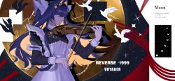  1girl absurdres apron bird black_dress blonde_hair blue_hair bow_(music) brandtini character_name closed_eyes colored_inner_hair commentary_request copyright_name dress english_text hair_intakes highres holding holding_bow_(music) holding_instrument holding_violin instrument juliet_sleeves long_hair long_sleeves moon_phases multicolored_hair playing_instrument profile puffy_sleeves reverse:1999 school_uniform smile solo soviet_school_uniform star_(sky) starry_sky_background upper_body violin voyager_(reverse:1999) voyager_golden_record white_apron white_bird 