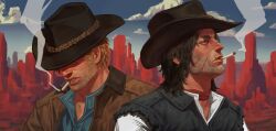  2boys arthur_morgan beard_stubble black_hair black_hat black_vest blonde_hair blood blood_on_face brown_eyes brown_jacket cigarette clouds collared_shirt commentary covered_eyes cowboy_hat desert facial_hair hat highres injury jacket john_marston male_focus medium_hair multiple_boys open_collar outdoors profile red_dead_redemption_(series) red_dead_redemption_2 sgkg108 shirt short_hair short_sleeves sky smoke smoke_trail smoking stubble torn_clothes torn_sleeves upper_body very_short_hair vest white_shirt 