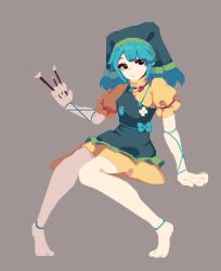  1girl apron barefoot black_eyes blue_hair closed_mouth commentary dress english_commentary expressionless frilled_sleeves frills full_body green_apron green_headscarf grey_background haniyasushin_keiki headscarf holding invisible_chair jewelry long_hair looking_at_viewer necklace puffy_short_sleeves puffy_sleeves short_sleeves simple_background single_strap sitting solo tools touhou vexkaf yellow_dress 