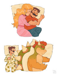  1girl 2boys absurdres blonde_hair bowser brown_hair cuddling didy414 highres implied_yaoi luigi mario multiple_boys pajamas pillow princess_peach red_hair short_male size_difference sleeping spiked_shell spooning super_mario_bros. super_mario_bros._1 