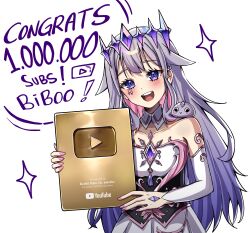  1girl absurdres aciayadi blush breasts chest_jewel colored_inner_hair dress gem grey_hair highres hololive jewel_under_eye koseki_bijou long_hair looking_at_viewer multicolored_hair open_mouth pink_hair purple_gem purple_hair smile solo very_long_hair violet_eyes virtual_youtuber youtube_creator_award 