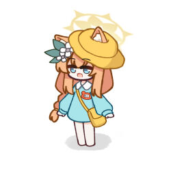  1girl :o animal_ear_fluff animal_ears apricotlemontea bag blue_archive blue_dress blue_eyes braid brown_hair cat_ears chibi collared_dress commentary_request dress ears_through_headwear fang flower full_body halo hat kindergarten_bag kindergarten_uniform long_hair long_sleeves mari_(blue_archive) no_shoes open_mouth pantyhose puffy_long_sleeves puffy_sleeves school_hat shadow simple_background sleeves_past_wrists solo standing tilted_headwear very_long_hair white_background white_flower white_pantyhose yellow_hat 