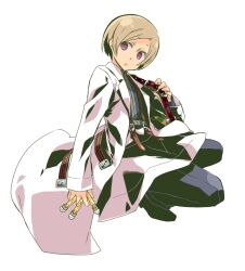  1boy :o apron bag coat commentary_request full_body grey_hair grey_pants hinaki_yuzu holding holding_test_tube lab_coat lapels male_focus medic_(sekaiju_4) medic_3_(sekaiju_4) official_alternate_color open_mouth pants parted_bangs sekaiju_no_meikyuu sekaiju_no_meikyuu_4 short_hair shoulder_bag simple_background solo test_tube violet_eyes white_apron white_background white_coat 