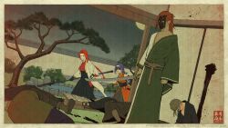  2girls alternate_universe black_hakama black_mask braid braided_ponytail english_commentary faux_traditional_media fire_emblem fire_emblem:_path_of_radiance hakama holding holding_sword holding_weapon jacket japanese_clothes long_hair low_ponytail mask mia_(fire_emblem) multiple_girls nihonga orange_hair orange_tunic original ponytail purple_hair red_hair sword titania_(fire_emblem) tree tunic ukiyo-e very_long_hair weapon white_jacket yonaga_nagaduki 