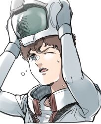  1boy absurdres amuro_ray assault_visor blue_eyes bodysuit brown_hair commentary_request curly_hair gloves gundam helmet highres holding holding_unworn_helmet male_focus mecha_pilot_suit mobile_suit_gundam oh_syz open_bodysuit open_clothes open_mouth removing_helmet short_hair simple_background solo sweat sweatdrop teeth tongue unworn_headwear unworn_helmet unzipped upper_body upper_teeth_only white_background white_bodysuit white_gloves white_helmet 