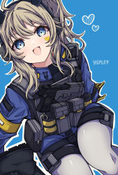  1girl :d absurdres alternate_costume blonde_hair blue_eyes blue_jacket blush boots bulletproof_vest character_name chest_holster commentary_request excited explosive from_above girls'_frontline_2:_exilium girls_frontline gloves grenade gun handgun happy headphones heart heart_sticker highres jacket kakuzatou_(cubesugar03196) long_hair looking_at_viewer looking_up pantyhose side_ponytail smile solo sticker sticker_on_face tactical_clothes thighs vepley_(girls'_frontline_2) weapon yellow_gloves 