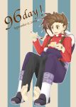  brown_eyes brown_hair buttons cake father_and_son feet fork hair_over_one_eye kratos_aurion lloyd_irving male short_hair tales_of_symphonia 