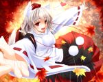  animal_ears autumn detached_sleeves fang foreshortening gizensha hands hat inubashiri_momiji leaf maple_leaf outstretched_arms red_eyes short_hair silver_hair smile solo spread_arms tokin_hat touhou wallpaper wolf_ears 