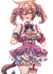  1girl absurdres animal_ears black_bow blush bow breasts brown_eyes brown_hair center_frills frilled_thigh_strap frills hair_between_eyes hair_bow heart heart_hands highres horse_ears horse_girl horse_tail looking_at_viewer multiple_hair_bows open_mouth pink_bow pink_skirt puffy_short_sleeves puffy_sleeves purple_bow senao_978 shirt short_sleeves simple_background skirt smart_falcon_(love_4ever)_(umamusume) smart_falcon_(umamusume) smile solo suspender_skirt suspenders tail thigh_strap twintails umamusume white_background white_shirt wrist_cuffs 
