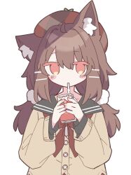  1girl ahoge animal_ears beret black_sailor_collar blush brown_hair brown_hat cardigan cat commentary_request cotton_ball drink drink_carton drinking drinking_straw hat highres holding holding_drink_carton holding_juice_box juice juice_box long_sleeves looking_at_viewer no_mouth original red_eyes red_ribbon ribbon sailor_collar school_uniform serafuku short_twintails sidelocks simple_background snnm_m solo twintails white_background 