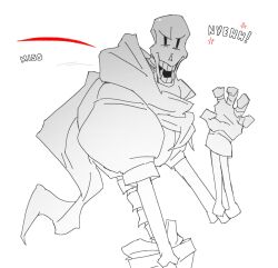  1boy 2026 2d armor bugsoupart claw_pose commentary digital_media english_commentary english_text gloves greyscale highres hip_bones humanoid looking_at_viewer male male_focus male_only monochrome monster monster_boy papyrus_(undertale) print_armor scarf shorts simple_background skeleton slash solo spine spot_color teeth text undead undertale utdr_(toby_fox) white_armor white_background yellow_trim 
