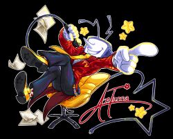  1boy 2026 2d ant_tenna black_background black_pants chair character_name commentary crt deltarune digital_media english_commentary full_body gloves heart_print holding holding_microphone humanoid humanoid_robot index_finger_raised long_sleeves male male_focus male_only microphone necktie no_eyes noblechinchi object_head pants paper pointy_nose print_socks radio_antenna red_suit robot robot_boy shoes signature simple_background socks solo star_(symbol) suit swivel_chair tailcoat teeth television utdr_(toby_fox) white_gloves white_socks wire yellow_necktie yellow_shoes 