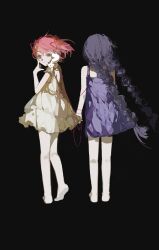  2girls absurdres akemi_homura alternate_costume bare_arms bare_legs bare_shoulders barefoot black_background black_hair braid chinese_commentary closed_mouth commentary_request creature creature_on_shoulder dot_nose dress feet finger_to_cheek floating_hair frilled_dress frilled_straps frills full_body hair_ribbon half-closed_eye highres holding_hands kaname_madoka kneepits kyubey long_hair looking_at_viewer looking_back low_twin_braids mahou_shoujo_madoka_magica mahou_shoujo_madoka_magica_(anime) multiple_girls mumu5947 on_shoulder pink_eyes pink_hair purple_dress red_ribbon ribbon short_dress short_hair short_twintails shoulder_blades simple_background sleeveless sleeveless_dress smirk smug standing strap string string_around_wrist string_of_fate toes twin_braids twintails very_long_hair wind yellow_dress 