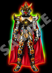  1boy absurdres armor belt blay_buckle bodysuit cape commentary_request full_armor fusion gold_armor helmet highres horns kamen_rider kamen_rider_blade kamen_rider_blade_(king_form) kamen_rider_blade_(series) kamen_rider_gaim kamen_rider_gaim_(kiwami_arms) kamen_rider_gaim_(series) lockseed male_focus mask neofrontier pauldrons red_cape rider_belt rouse_absorber sample_watermark sengoku_driver shogun shoulder_armor tokusatsu watermark 