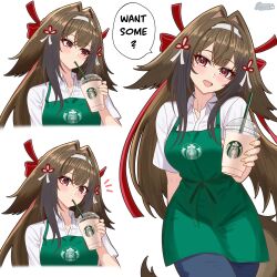  1girl absurdres apron breasts brown_hair coffee cup disposable_cup drinking drinking_straw english_text green_apron highres jorgeywater large_breasts long_hair multiple_views open_mouth red_eyes smile solo speech_bubble starbucks twintails ye_shunguang zenless_zone_zero 