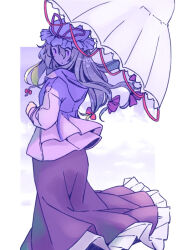  1girl blonde_hair border bow commentary_request from_behind hair_bow hat holding holding_umbrella hood hoodie light_blush long_hair long_skirt long_sleeves looking_back mob_cap parasol petticoat purple_background purple_hat purple_hoodie purple_skirt rangycrow red_bow red_ribbon ribbon skirt solo touhou umbrella violet_eyes white_border yakumo_yukari 