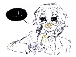  ! 1boy alcor_the_dreambender blood bow bowtie collared_shirt colored_blood colored_sclera fezharez floating_hat gloves greyscale grin hair_between_eyes hand_up hat head_wings male_focus messy_hair mini_hat mini_top_hat monochrome shirt smile solo spoken_exclamation_mark spot_color top_hat transcendence_au_(gravity_falls) wings yellow_blood 