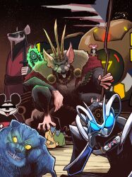  absurdres animal_ears bear cape censored censored_identity character_request crossover crown furry glowing glowing_eyes hebinalmeog highres holding holding_polearm holding_sword holding_weapon kamen_rider kamen_rider_my-th kamen_rider_my-th_(series) looking_at_viewer master_splinter mickey_mouse mickey_mouse_&amp;_friends mouse_ears multiple_boys polearm ratatouille remy_(ratatouille) sky sword teenage_mutant_ninja_turtles teenage_mutant_ninja_turtles_(2012) teeth weapon yellow_eyes 