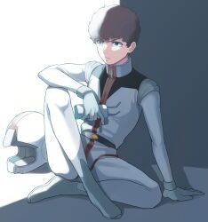  1boy absurdres amuro_ray blue_eyes bodysuit boots brown_hair closed_mouth collared_bodysuit commentary_request crossed_legs gloves gundam helmet highres knee_up long_sleeves male_focus mecha_pilot_suit mobile_suit_gundam normal_suit_(gundam) oh_syz shadowed short_hair sitting solo unworn_headwear unworn_helmet white_bodysuit white_boots white_gloves 