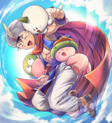  1boy ^_^ ayasetaru babu_(kaijuu_monogatari) black_eyes black_hair blue_vest cape closed_eyes commentary_request creature daikaijuu_monogatari day feathers fins fire_shell_hero_(daikaijuu_monogatari) full_body happy hat_feather head_fins highres horns kaijuu_monogatari_(series) kupikupi looking_at_another male_focus midair open_clothes open_mouth open_vest outdoors pants pelvic_curtain poyon_(kaijuu_monogatari) red_cape sandals seashell shell short_hair single_horn smile toned toned_male turban vest white_pants white_turban wind wristband yellow_feathers 