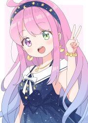  1girl :d absurdres ahoge back_bow blue_dress blue_hair bow bracelet commentary crescent crescent_earrings crescent_necklace dress earrings gold_bracelet gold_necklace gradient_hair green_eyes headband heterochromia highres himemori_luna himemori_luna_(sundress) hololive jewelry long_hair mmmera827 multicolored_hair necklace off-shoulder_dress off_shoulder open_mouth pink_hair pink_nails sleeveless sleeveless_dress smile solo star_(symbol) starry_sky_print teeth upper_teeth_only v violet_eyes virtual_youtuber 