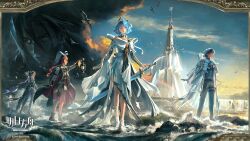  2boys 3girls amputee ankle_lace-up arknights armor arms_behind_head asymmetrical_bangs bare_shoulders belt belt_buckle bird black_hair black_pants black_shirt blue_eyes blue_hair blue_sky blunt_ends breasts brown_hair buckle character_request chinese_commentary claw_ring cleavage_cutout clementia_(arknights) clothing_cutout clouds coat commentary_request copyright_logo copyright_notice dark-skinned_male dark_cloud dark_skin de_toledo_(arknights) detached_sleeves dress full_body gauntlets hat highres holding holding_lantern homebound_(arknights) hood hood_down hooded_coat lantern logo long_dress long_hair looking_at_viewer manta_ray_girl medium_breasts multicolored_hair multiple_boys multiple_girls ocean official_art pants parted_lips pauldrons pirate_hat pointy_ears profile prosthesis prosthetic_arm sandals scar scar_on_face seagull second-party_source shirt shoulder_armor side_ponytail single_pauldron sky sleeveless sleeveless_coat small_breasts standing standing_on_liquid two-tone_hair vambraces waves white_coat white_dress white_hair white_sandals 