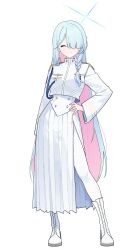  1girl absurdres aiguillette blue_archive blue_hair blue_halo boots braid chinese_commentary closed_eyes closed_mouth colored_inner_hair commentary_request full_body general_student_council_president_(blue_archive) hair_over_one_eye halo hand_on_own_hip highres long_hair long_skirt long_sleeves multicolored_hair multicolored_halo pantyhose pink_hair shoulder_strap side_slit simple_background single_braid skirt smile solo standing straight-on two-tone_hair two-tone_halo very_long_hair white_background white_boots white_pantyhose white_skirt xingyun_fankic 