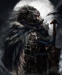  1boy animal_ears armor black_fur blaidd_the_half-wolf cape closed_mouth elden_ring fangs fangs_out full_moon fur_cape furry furry_male greatsword highres kem2064 looking_to_the_side male_focus moon scar scar_across_eye scar_on_face sword weapon wolf_boy wolf_ears 