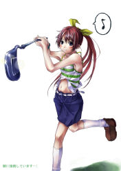 1girl bad_id bare_shoulders belt blue_eyes blue_shorts breasts brown_shoes camisole closed_mouth collarbone commentary_request golf_club hair_ribbon hana_(pangya) holding holding_golf_club kneehighs leg_up loafers long_hair musical_note navel pangya ponytail red_hair ribbon shoes shorts small_breasts smile socks solo spoken_musical_note standing standing_on_one_leg striped_camisole translation_request white_belt white_socks wind wind_lift yellow_ribbon yossy_nocturne 