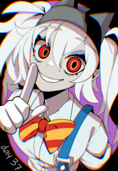  1girl ankodaihuku black_hat blue_overalls bow bowtie character_request collared_shirt colored_skin commentary_request copyright_request diagonal-striped_bow diagonal-striped_bowtie diagonal-striped_clothes grey_skin grin hair_between_eyes hat highres index_finger_raised looking_at_viewer overalls purple_background red_bow red_bowtie red_eyes shirt smile solo striped_bow striped_bowtie striped_clothes white_hair white_shirt yellow_bow yellow_bowtie 