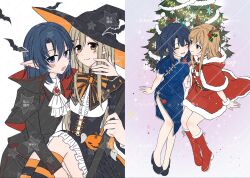  2girls adachi_sakura adachi_to_shimamura ascot black_bow black_bowtie black_cape black_corset black_dress black_shirt black_shoes blue_dress blue_eyes blue_hair boots bow bowtie brown_eyes brown_hair cape capelet center_frills chinese_clothes chinese_commentary christmas christmas_tree closed_eyes closed_mouth commentary_request commission corset dress fake_antlers fang frills fur-trimmed_dress fur_trim halloween hand_on_another's_shoulder hat high_heels highres hood hooded_capelet looking_at_another mistletoe multiple_girls open_mouth pointy_ears ponytail purple_background qipao red_boots red_capelet red_dress santa_costume santa_dress shimamura_hougetsu shirt shoes smile socks star_(symbol) striped_bow striped_bowtie striped_clothes striped_socks swimsuit thyme_(4749874974) vampire vgen_commission white_ascot white_background white_shirt witch_hat yuri 