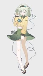  1girl :d ;d absurdres adapted_costume black_hairband black_sandals collared_shirt commentary_request disembodied_linked_eye full_body green_eyes green_hair green_skirt grey_background hairband hand_up highres komeiji_koishi long_sleeves medium_hair navel one_eye_closed open_mouth pleated_skirt sandals shirt simple_background skirt smile solo touhou watermark xingxingxing_guangguang yellow_shirt 