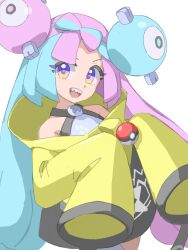  1girl :d absurdres bow-shaped_hair character_hair_ornament commentary hair_ornament happy head_tilt highres iono_(pokemon) iseitan_01 jacket long_hair long_sleeves looking_at_viewer multicolored_hair open_mouth poke_ball poke_ball_(basic) pokemon pokemon_scarlet_and_violet shirt sleeveless sleeveless_shirt sleeves_past_fingers sleeves_past_wrists smile solo teeth twintails two-tone_hair upper_teeth_only violet_eyes yellow_jacket 