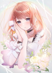  1girl absurdres arm_ribbon asymmetrical_sidelocks bare_shoulders black_choker braid brown_hair choker collarbone commentary cropped_torso detached_sleeves dot_nose dress expressionless eyelashes fingernails flower frilled_sleeves frills gem grey_eyes hair_ribbon hanasato_minori hands_up highres leaf light_blush looking_at_viewer mairu003 medium_hair off-shoulder_dress off_shoulder official_alternate_costume official_alternate_hairstyle orange_gem own_hands_together parted_lips project_sekai puffy_detached_sleeves puffy_short_sleeves puffy_sleeves ribbon rose sekai_no_housekibako short_sleeves side_braid sidelocks single_braid single_sidelock solo swept_bangs upper_body white_dress white_flower white_ribbon white_rose 