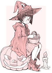  1girl :3 basket bob_cut boots border candle candy cloak closed_mouth commentary_request food from_side full_body glasses halloween_costume hat hatching_(texture) high_heel_boots high_heels hood hood_down hooded_cloak jack-o'-lantern linear_hatching lollipop looking_at_viewer looking_to_the_side monochrome original outside_border pink_background pink_theme pleated_skirt ponsuke_(pon00000) round_eyewear short_hair sideways_glance simple_background sitting skirt smile solo swirl_lollipop white_border witch witch_hat 