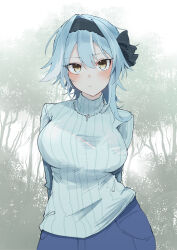  1girl absurdres alternate_costume arms_behind_back asymmetrical_hair black_hairband blue_hair blue_pants blue_sweater breasts casual commentary_request eula_(genshin_impact) genshin_impact hairband highres jewelry large_breasts looking_at_viewer necklace pants ribbed_sweater solo straight-on sweater turtleneck turtleneck_sweater upamaru_17063 upper_body yellow_eyes 