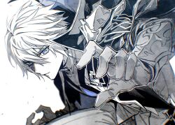  1boy armor artist_name blue_eyes cape chromatic_aberration closed_mouth collared_cape commentary dainsleif_(genshin_impact) genshin_impact gloves hair_between_eyes half_mask high_collar jacket looking_at_viewer male_focus mask monochrome mystical_high_collar outstretched_arm pants pauldrons serious short_hair shoulder_armor simple_background single_pauldron solo spot_color toriyoshi twitter_username untranslatable_commentary v-shaped_eyebrows vambraces white_background 