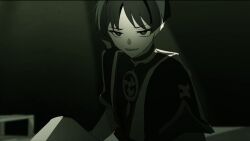  1boy anime_coloring arms_at_sides blunt_ends bodysuit choppy_bangs commentary_request eyeliner genshin_impact greyscale highres indoors japanese_clothes jewelry juban kimono layered_sleeves looking_at_viewer makeup male_focus mitsudomoe_(shape) monochrome neck_ring open_clothes open_kimono open_mouth retujyo4go scaramouche_(genshin_impact) scaramouche_(harbinger)_(genshin_impact) short_sleeves solo tomoe_(symbol) tsurime turtleneck turtleneck_bodysuit upper_body 