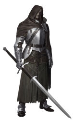 1boy arm_at_side armored_boots belt belt_buckle black_belt black_boots black_cape black_hair boots buckle cape closed_mouth commentary concept_art couter cuirass dongho_kang facial_hair full_body gambeson gauntlets greatsword hair_over_one_eye holding holding_sword holding_weapon hood hood_up hooded_cape lips male_focus medium_hair multiple_belts mustache_stubble nose original realistic rerebrace simple_background solo standing stubble sword third-party_source two-handed_sword waist_cape weapon white_background 