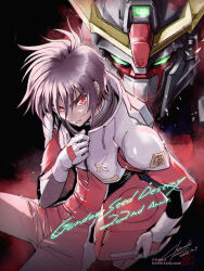  1boy 2026 black_hair closed_mouth copyright_name dated destiny_gundam gloves green_eyes gundam gundam_seed gundam_seed_destiny helmet highres holding holding_unworn_helmet kuori_chimaki mecha mecha_pilot_suit mobile_suit normal_suit_(gundam) red_eyes robot science_fiction shinn_asuka short_hair signature twitter_username unworn_headwear unworn_helmet v-fin white_gloves 
