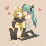  aqua_eyes bad_id blonde_hair boots hair_ornament hair_ribbon hairclip hatsune_miku kagamine_rin long_hair mizutamako multiple_girls ribbon short_hair sitting skirt smile thigh-highs thigh_boots thighhighs twintails vocaloid wink 